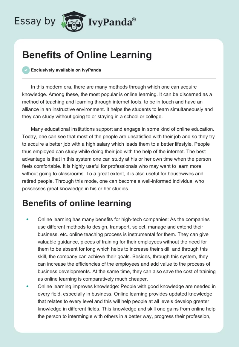 Benefits of Online Learning. Page 1