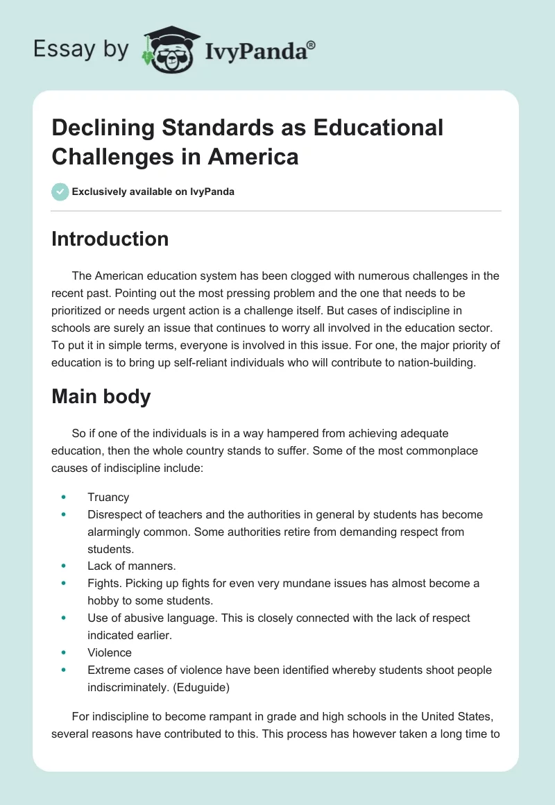 Declining Standards as Educational Challenges in America. Page 1
