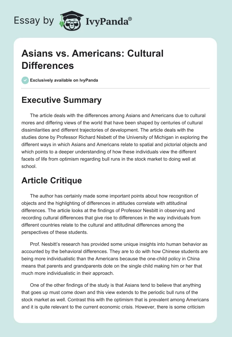 Asians vs. Americans: Cultural Differences. Page 1