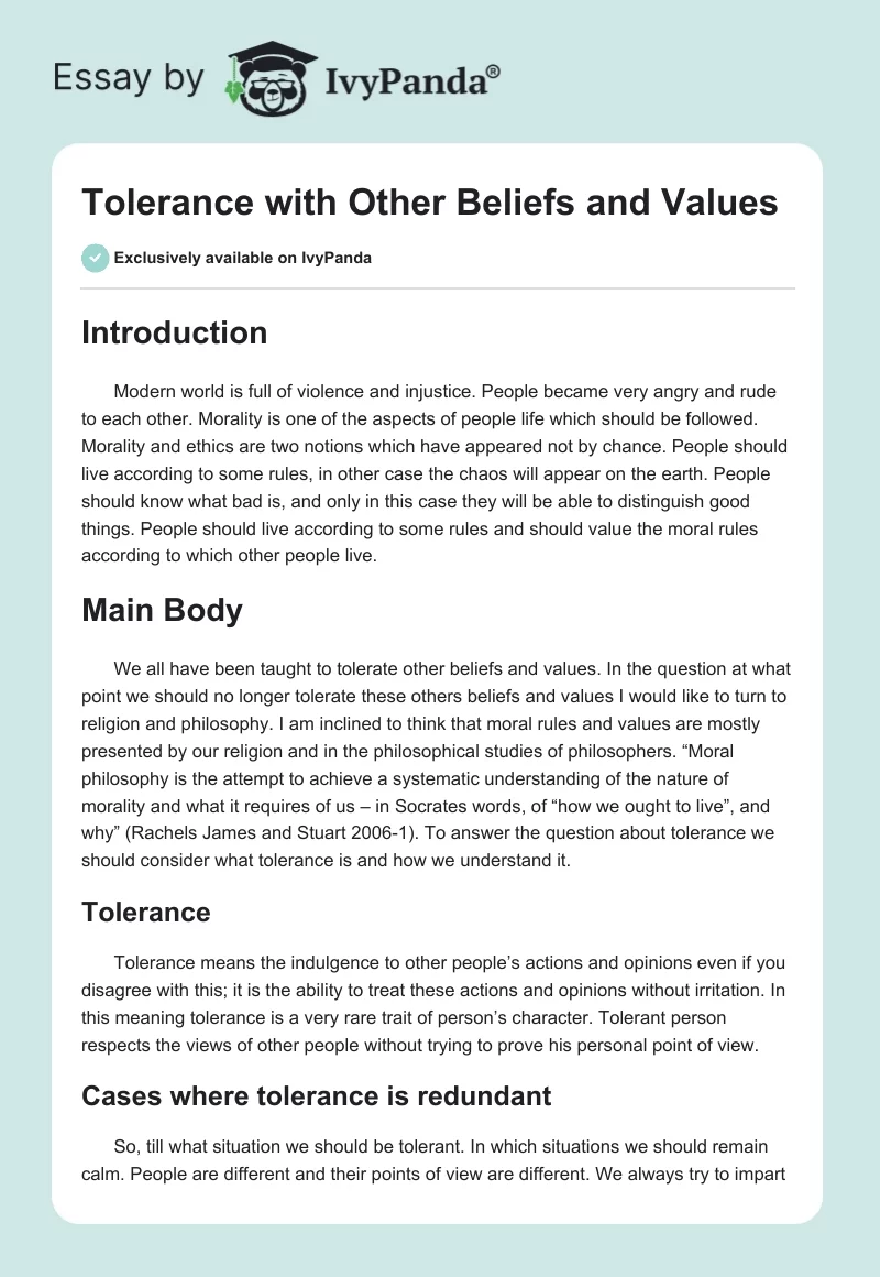 Tolerance with Other Beliefs and Values. Page 1