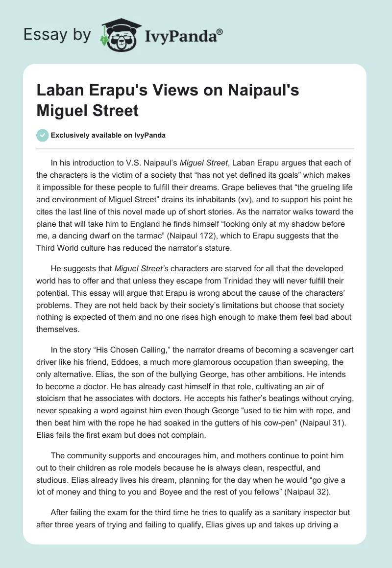 Laban Erapu's Views on Naipaul's "Miguel Street". Page 1