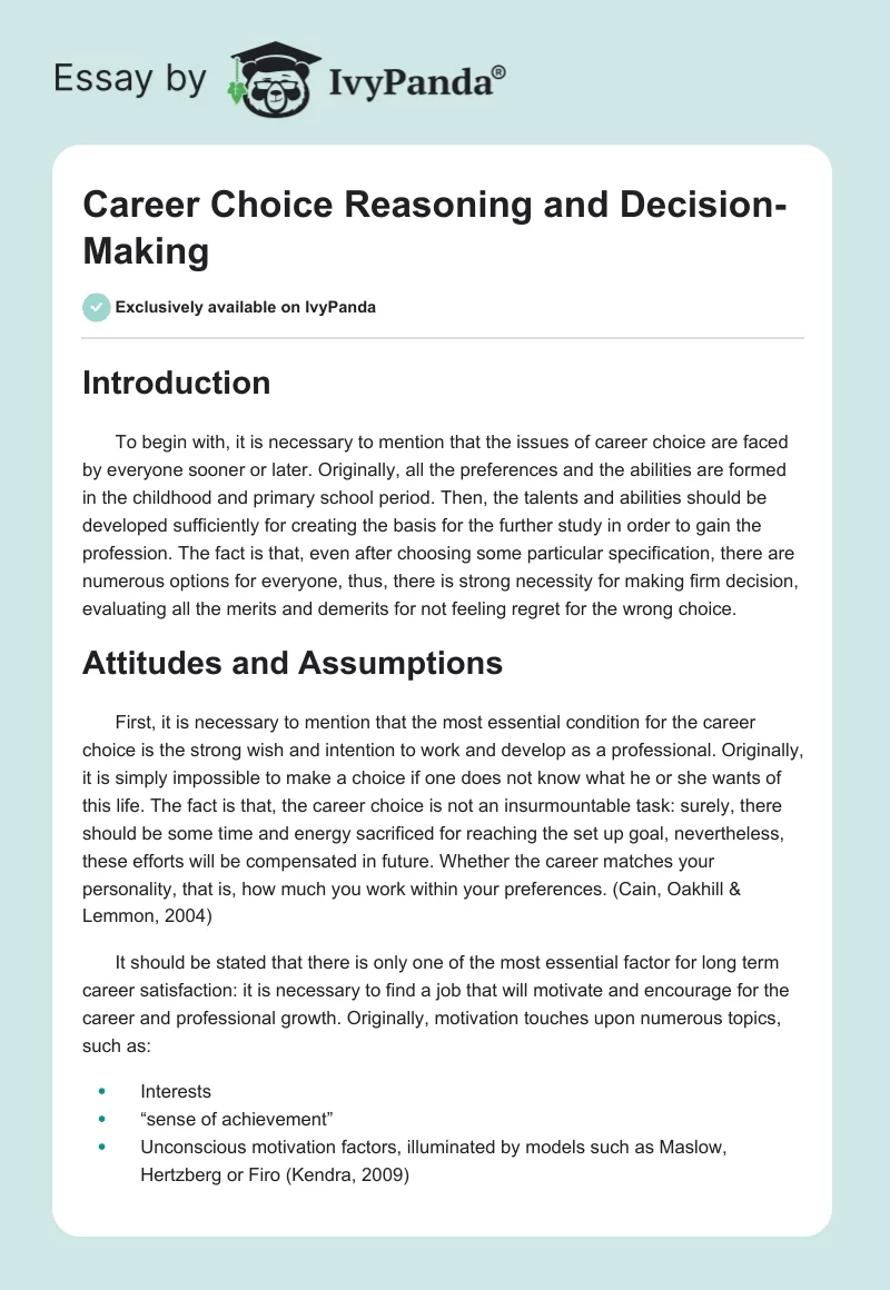 Career Choice Reasoning and Decision-Making. Page 1