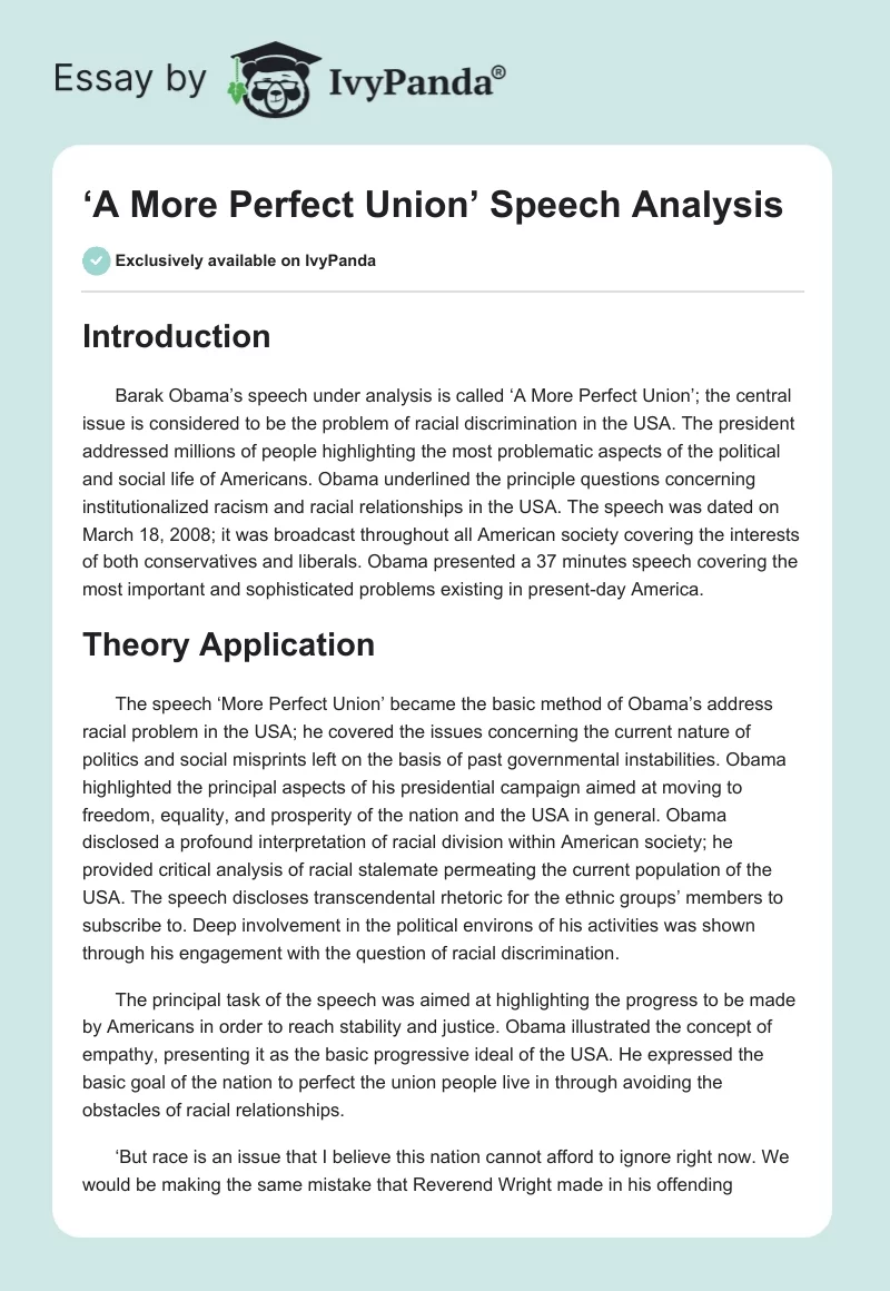 ‘A More Perfect Union’ Speech Analysis. Page 1
