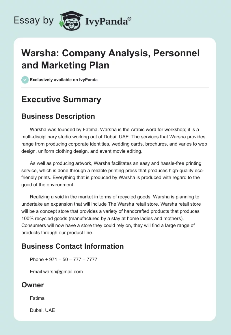 Warsha: Company Analysis, Personnel and Marketing Plan. Page 1
