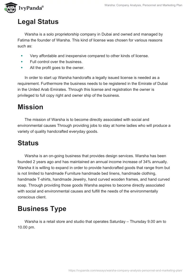 Warsha: Company Analysis, Personnel and Marketing Plan. Page 3