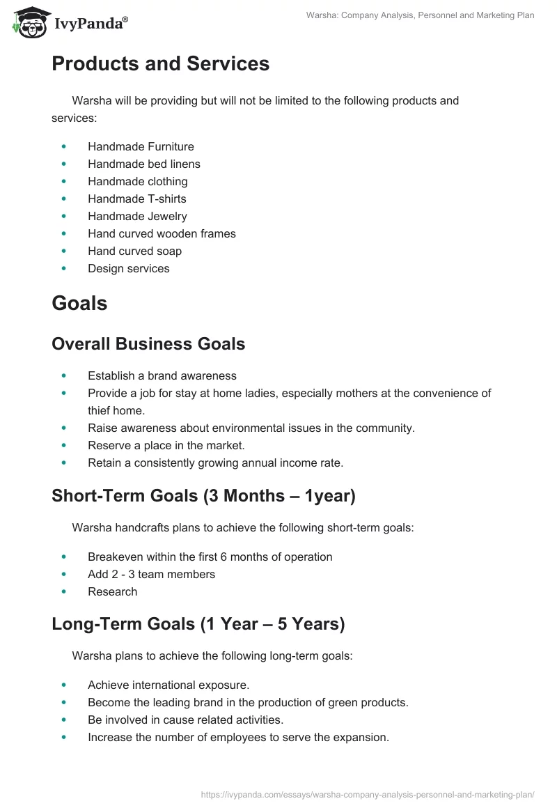 Warsha: Company Analysis, Personnel and Marketing Plan. Page 4