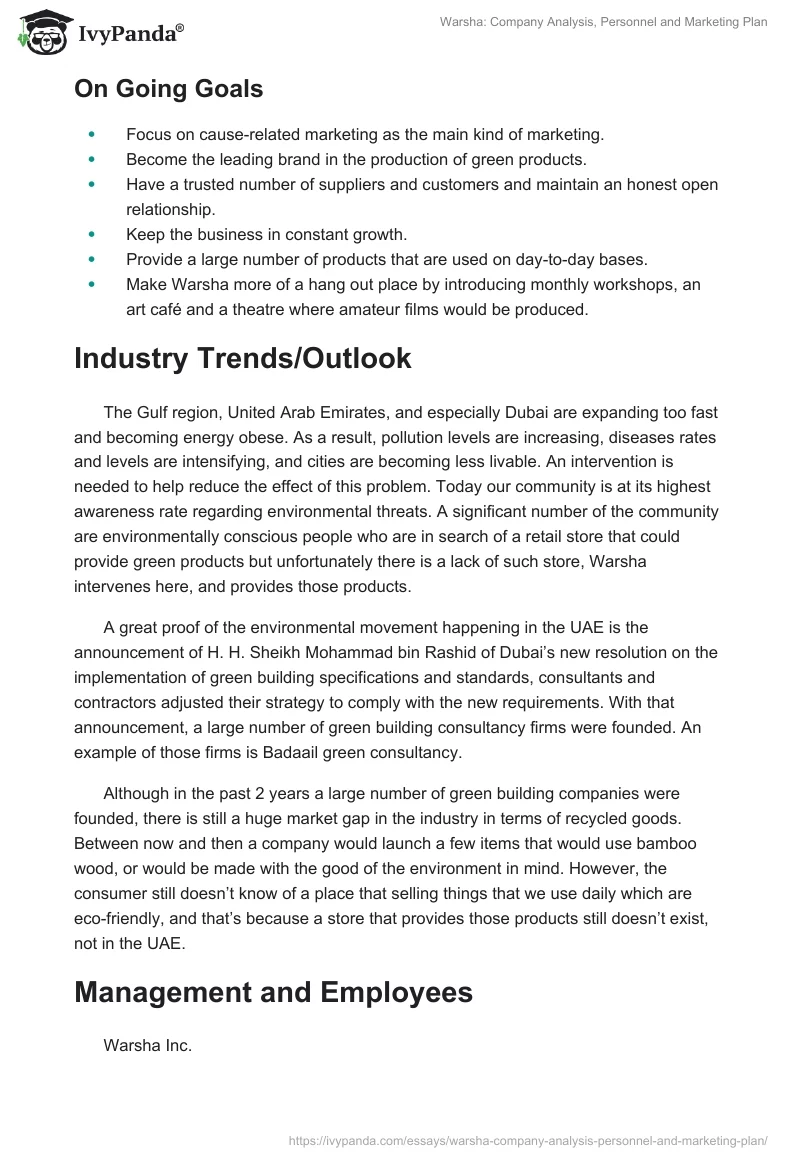 Warsha: Company Analysis, Personnel and Marketing Plan. Page 5