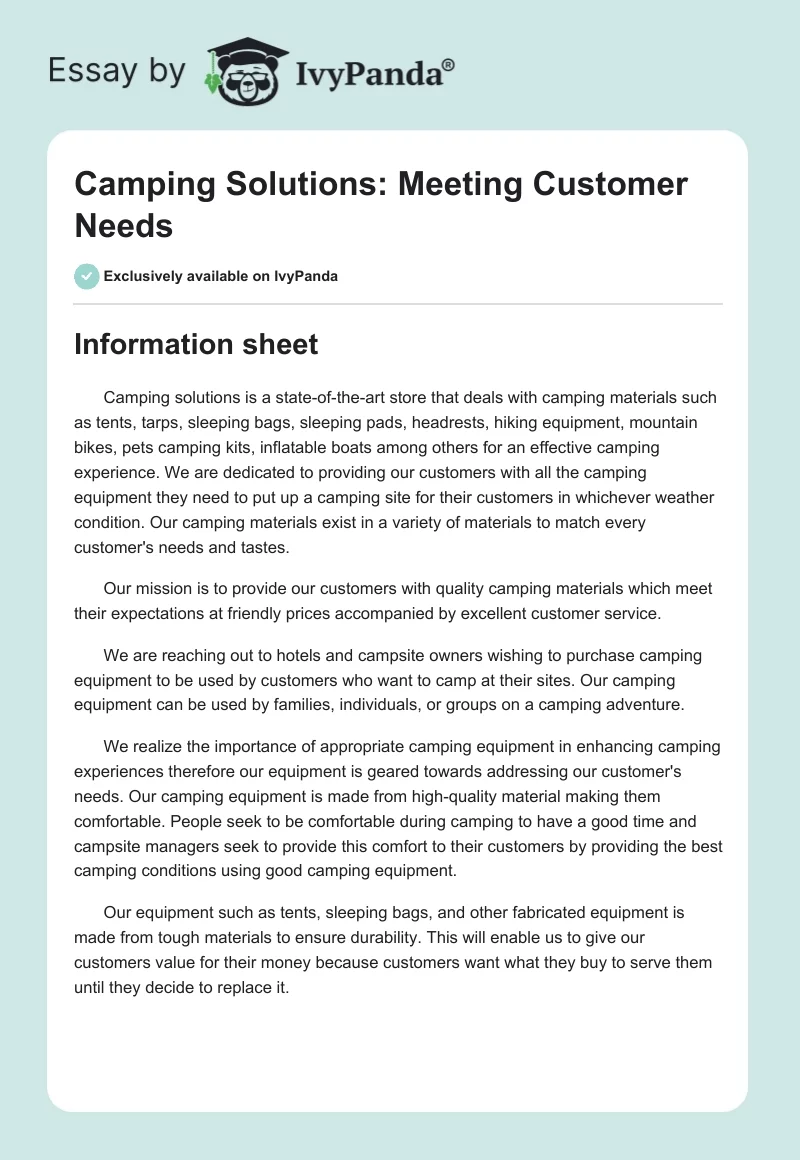 Camping Solutions: Meeting Customer Needs. Page 1