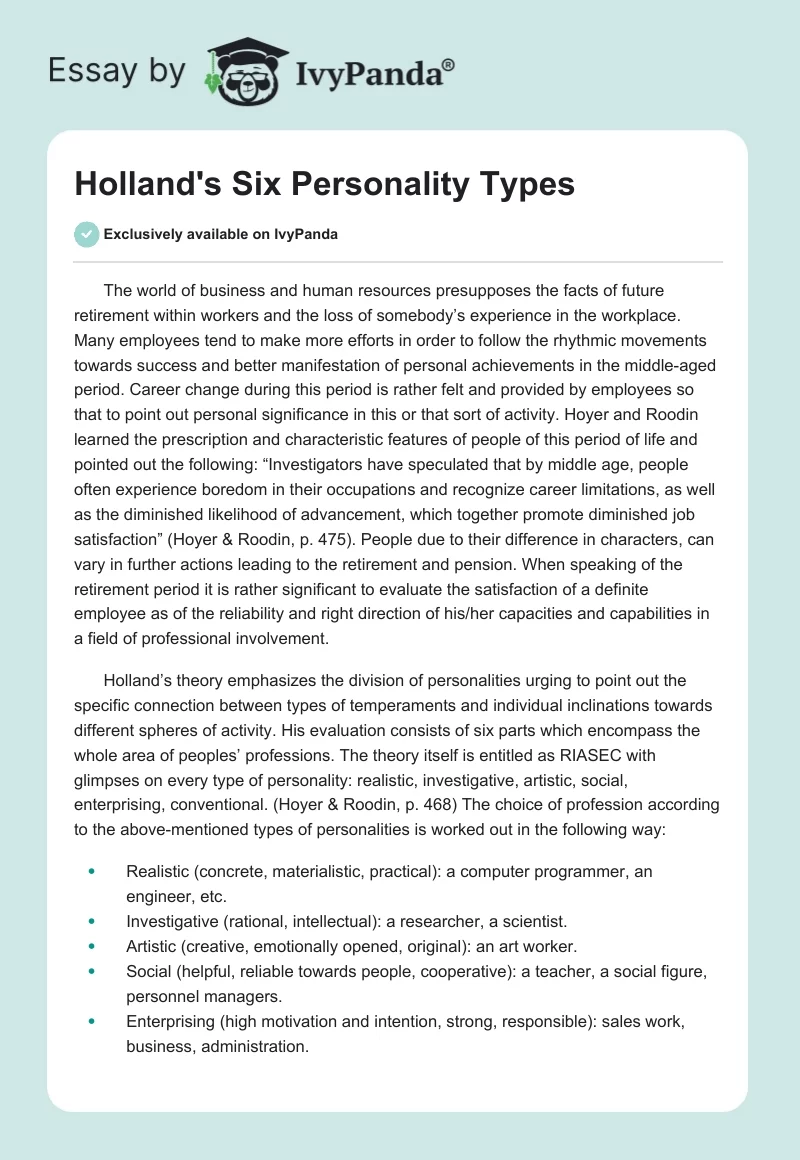 Summary of the six groups of personality characteristics
