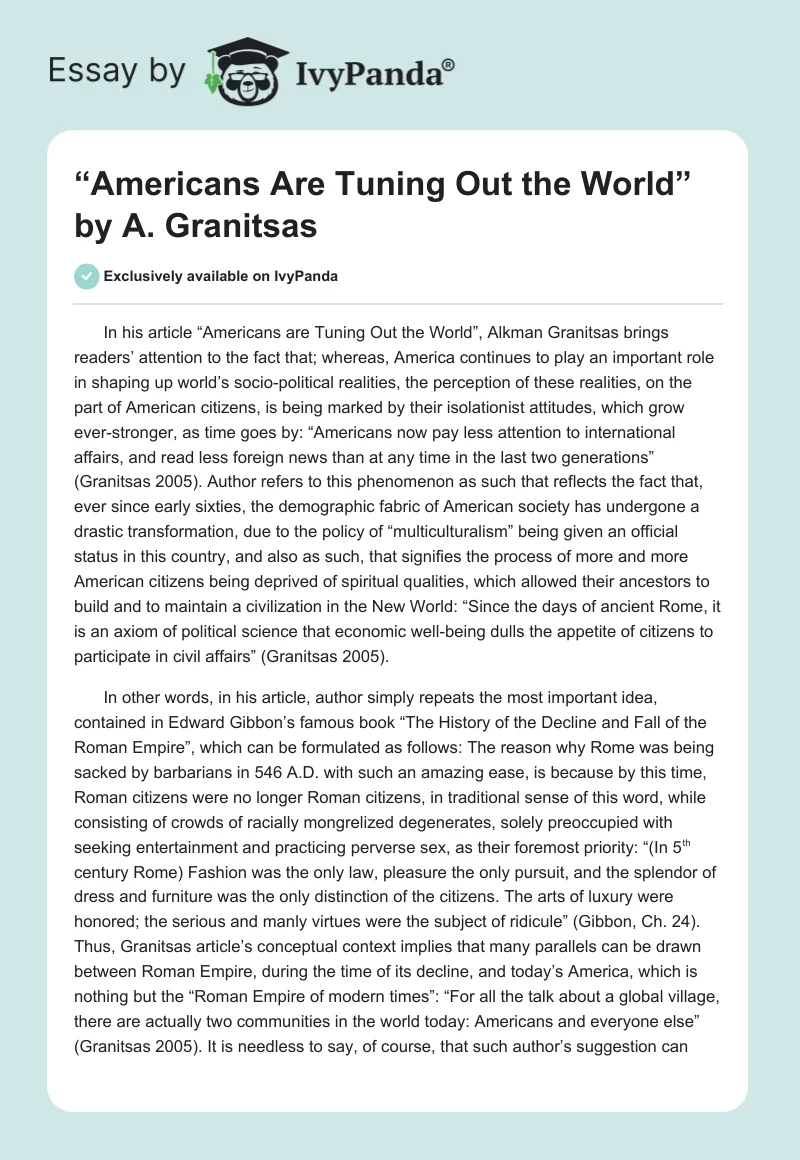 “Americans Are Tuning Out the World” by A. Granitsas. Page 1