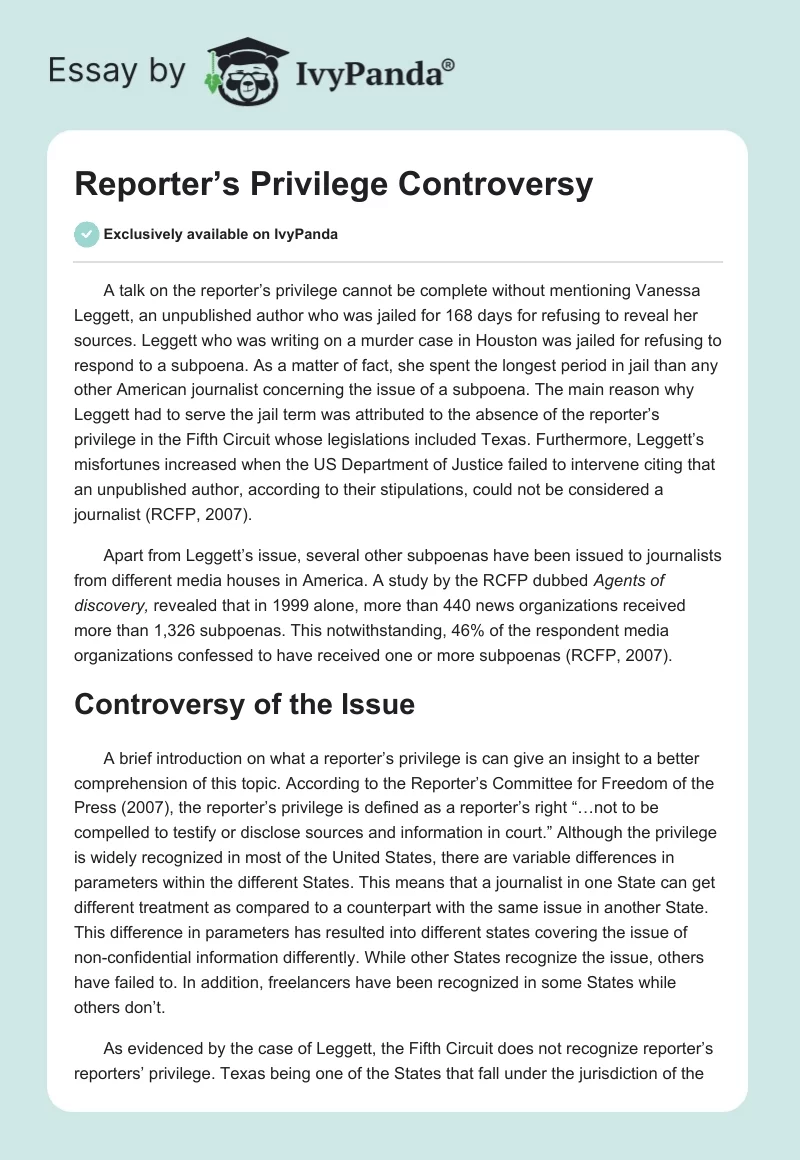 Reporter’s Privilege Controversy. Page 1
