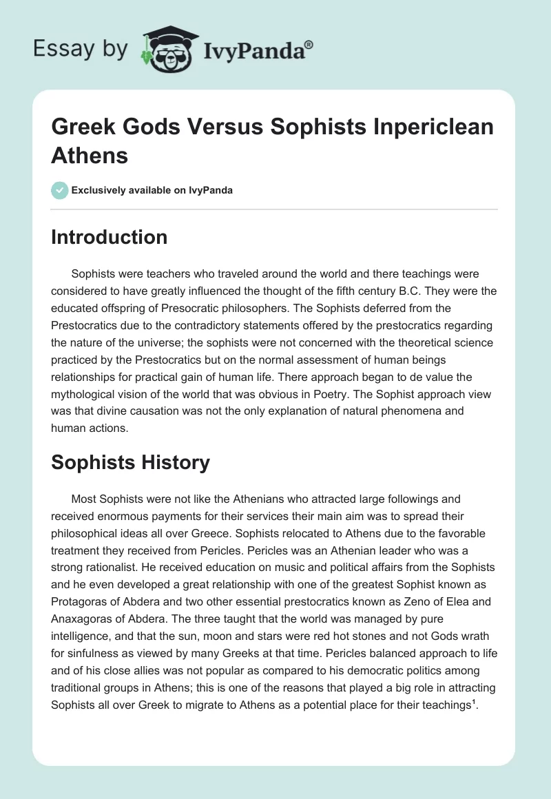 Greek Gods Versus Sophists Inpericlean Athens. Page 1