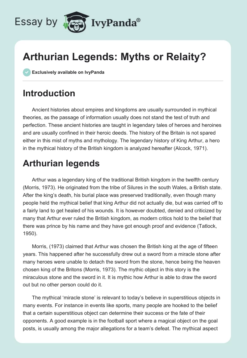 Arthurian Legends: Myths or Relaity?. Page 1