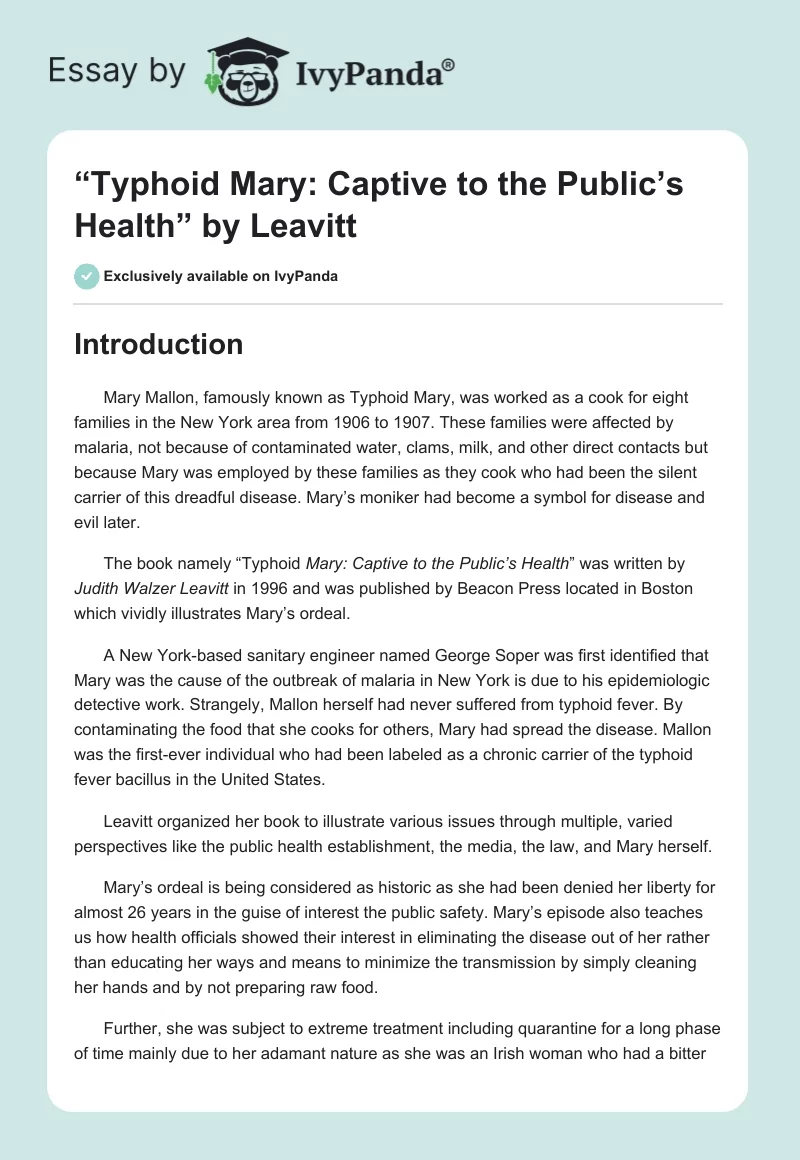 “Typhoid Mary: Captive to the Public’s Health” by Leavitt. Page 1