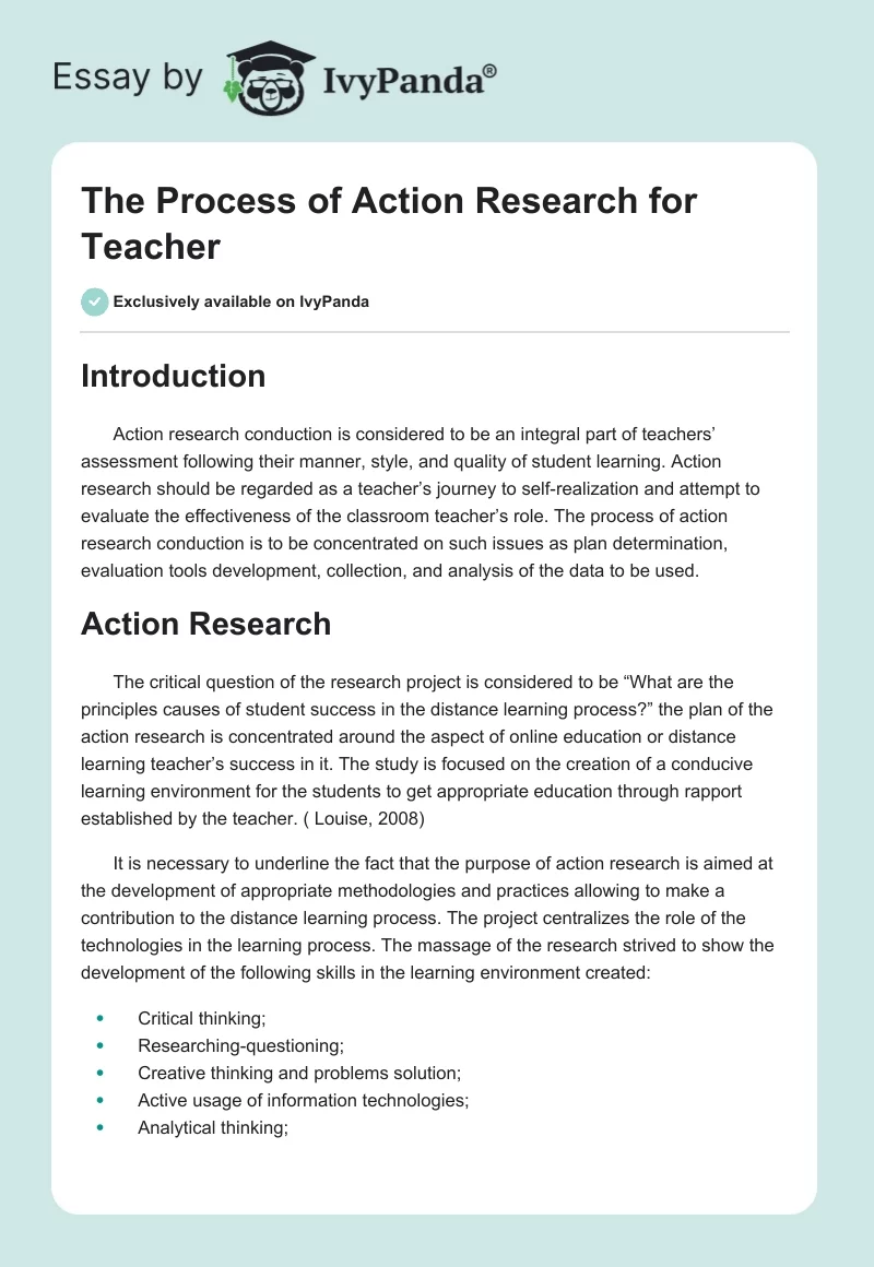 The Process of Action Research for Teacher. Page 1