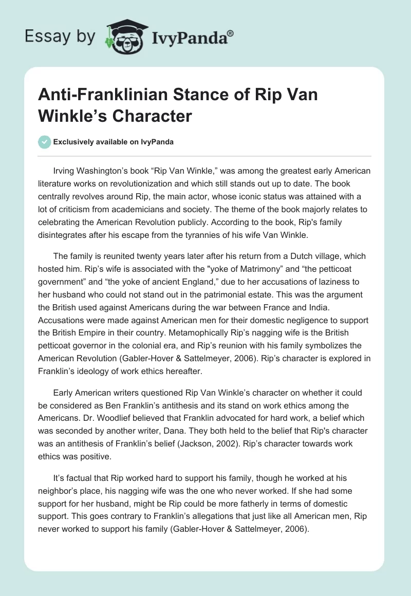 Anti-Franklinian Stance of Rip Van Winkle’s Character. Page 1