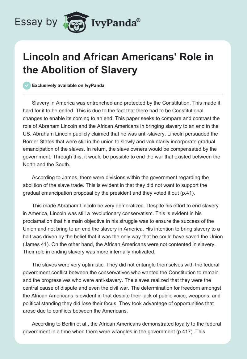 Lincoln and African Americans' Role in the Abolition of Slavery. Page 1