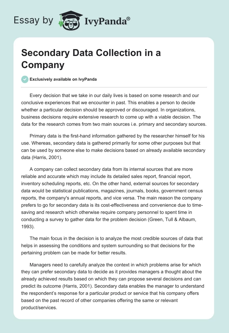 Secondary Data Collection in a Company. Page 1