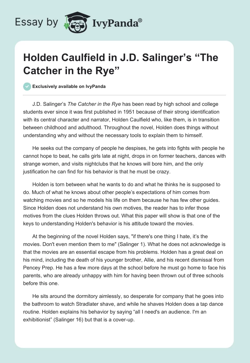 Holden Caulfield in J.D. Salinger’s “The Catcher in the Rye”. Page 1