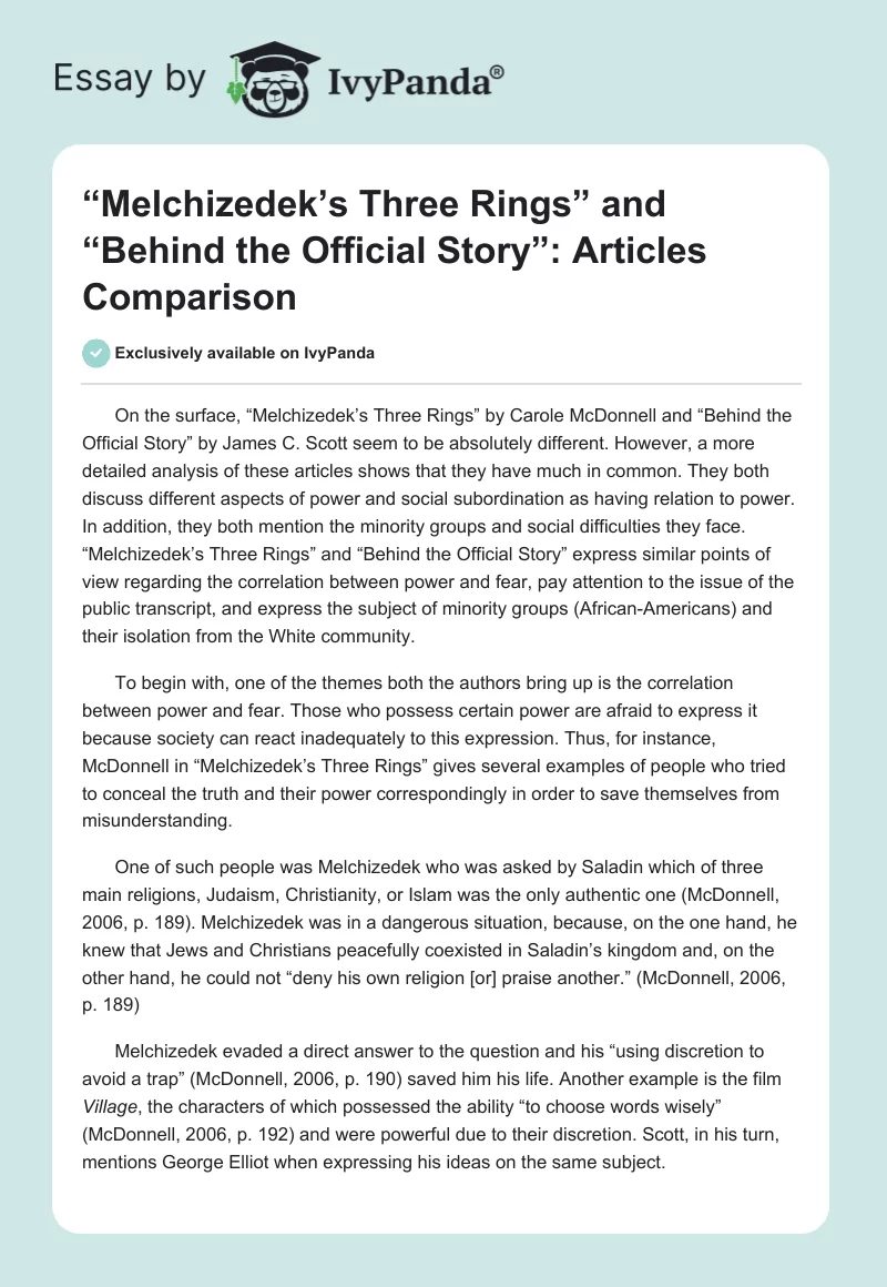 “Melchizedek’s Three Rings” and “Behind the Official Story”: Articles Comparison. Page 1