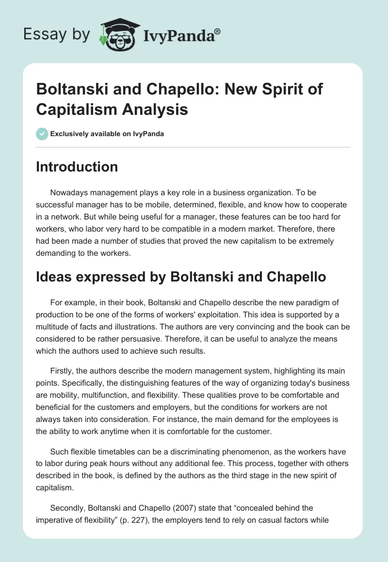 Boltanski and Chapello: New Spirit of Capitalism Analysis. Page 1
