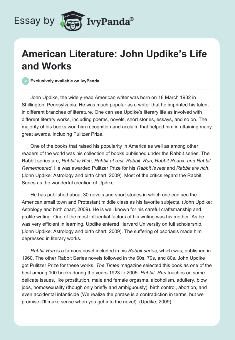 American Literature: John Updike’s Life and Works. Page 1