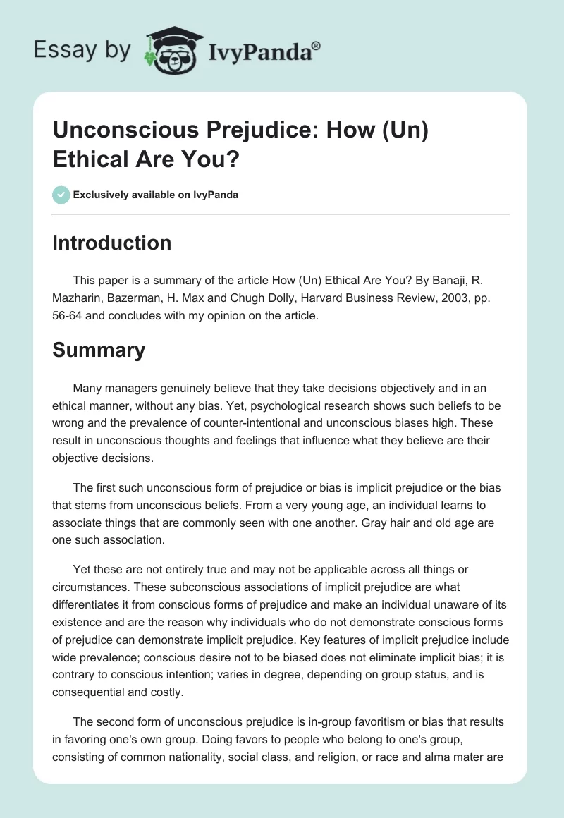 Unconscious Prejudice: How (Un) Ethical Are You?. Page 1