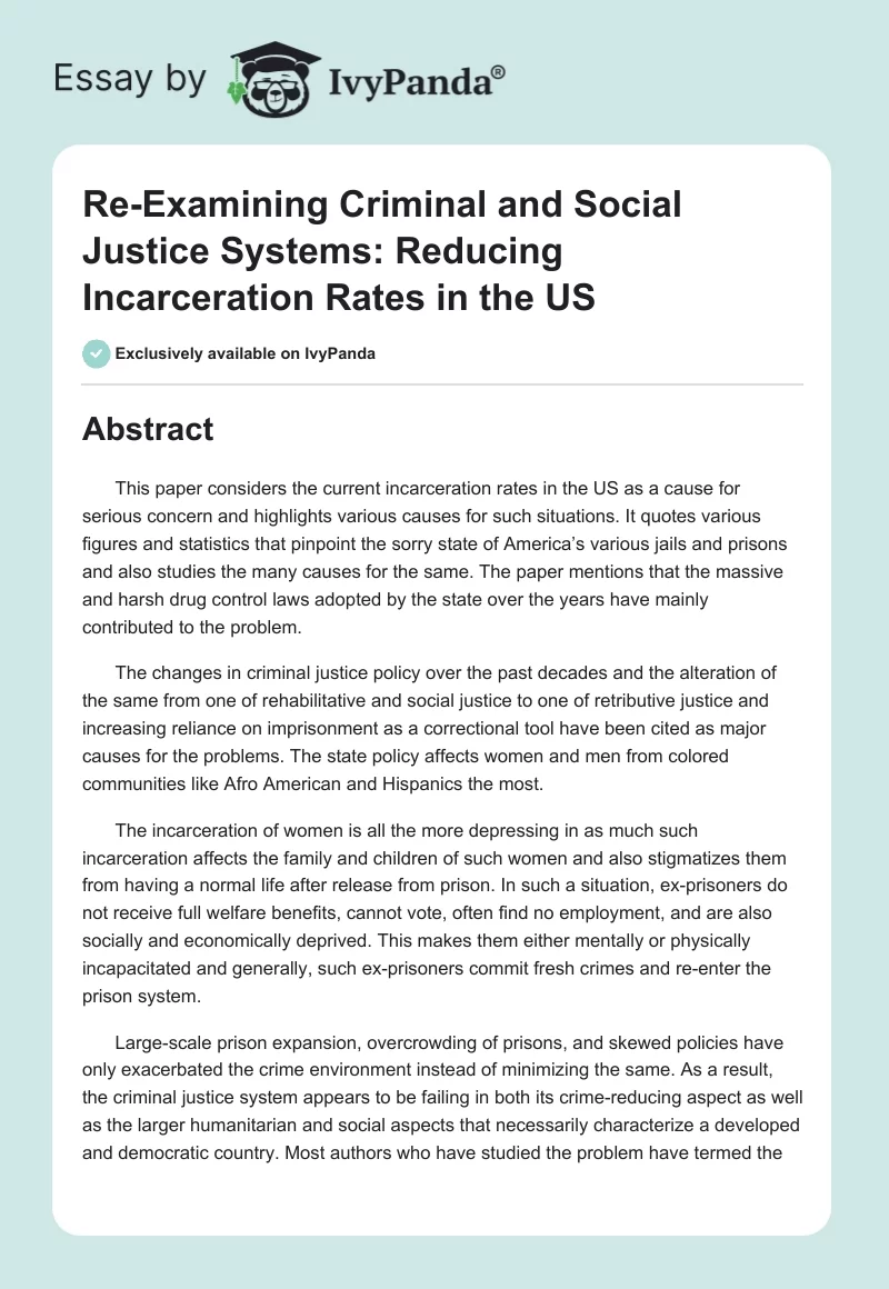 Re-Examining Criminal and Social Justice Systems: Reducing Incarceration Rates in the US. Page 1