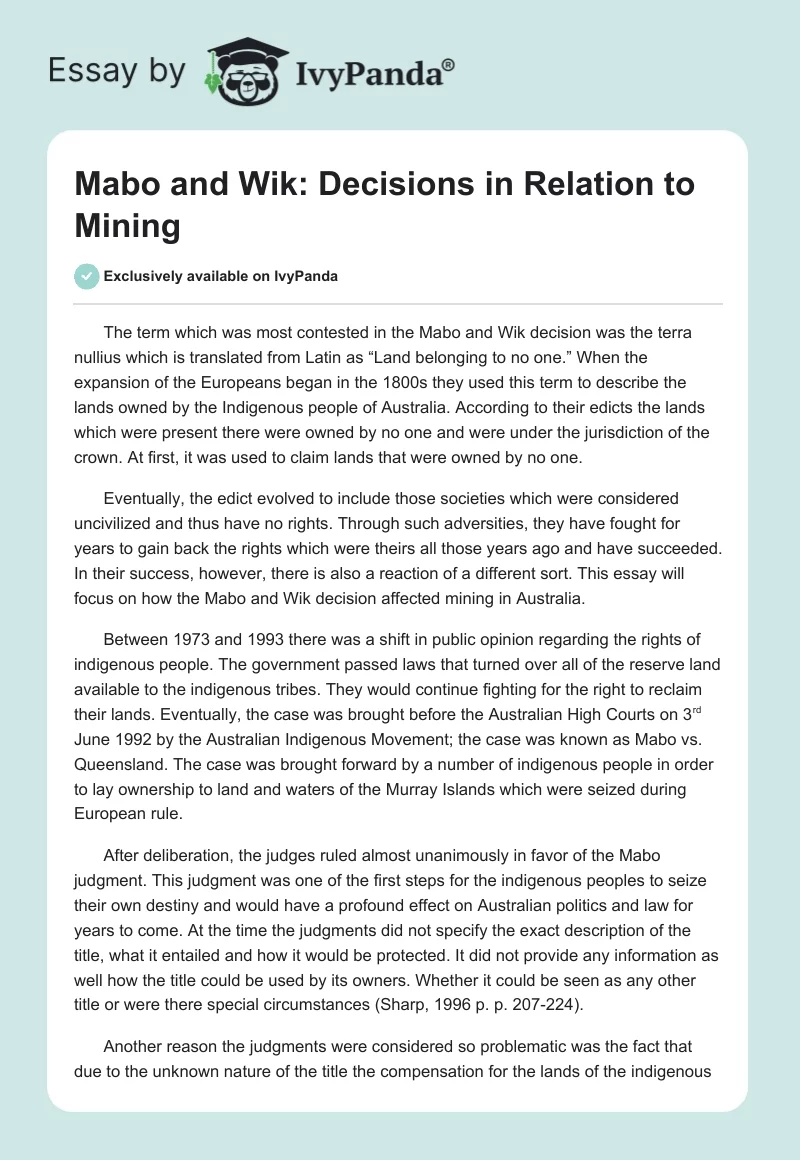 Mabo and Wik: Decisions in Relation to Mining. Page 1
