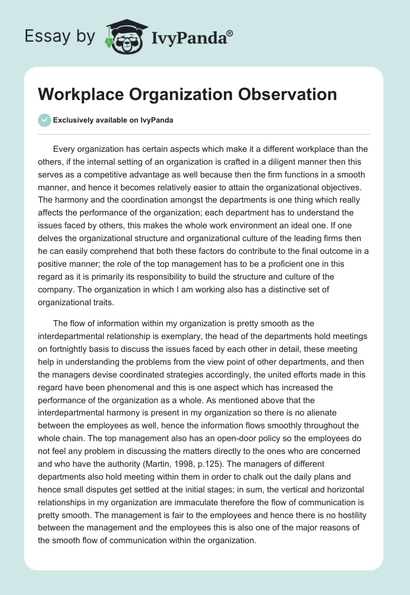 Workplace Organization Observation. Page 1