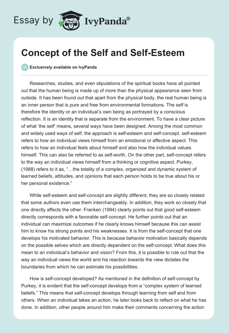 Concept of the Self and Self-Esteem. Page 1