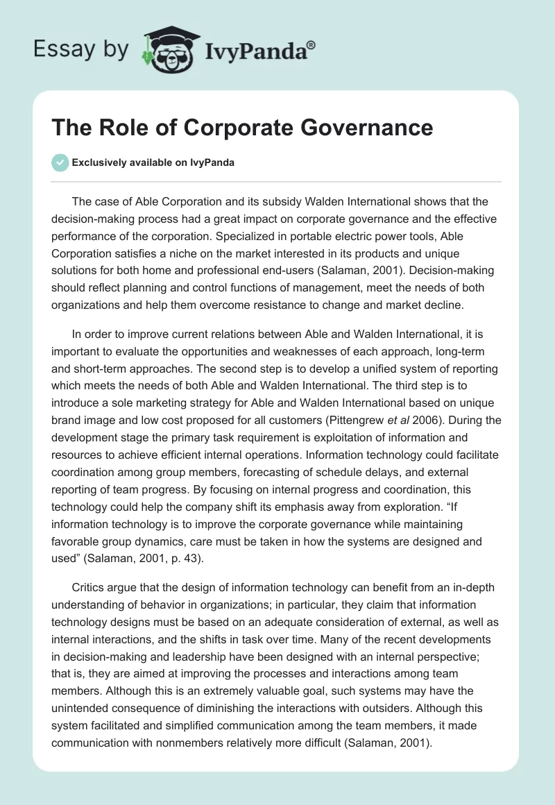 the history of corporate governance essay