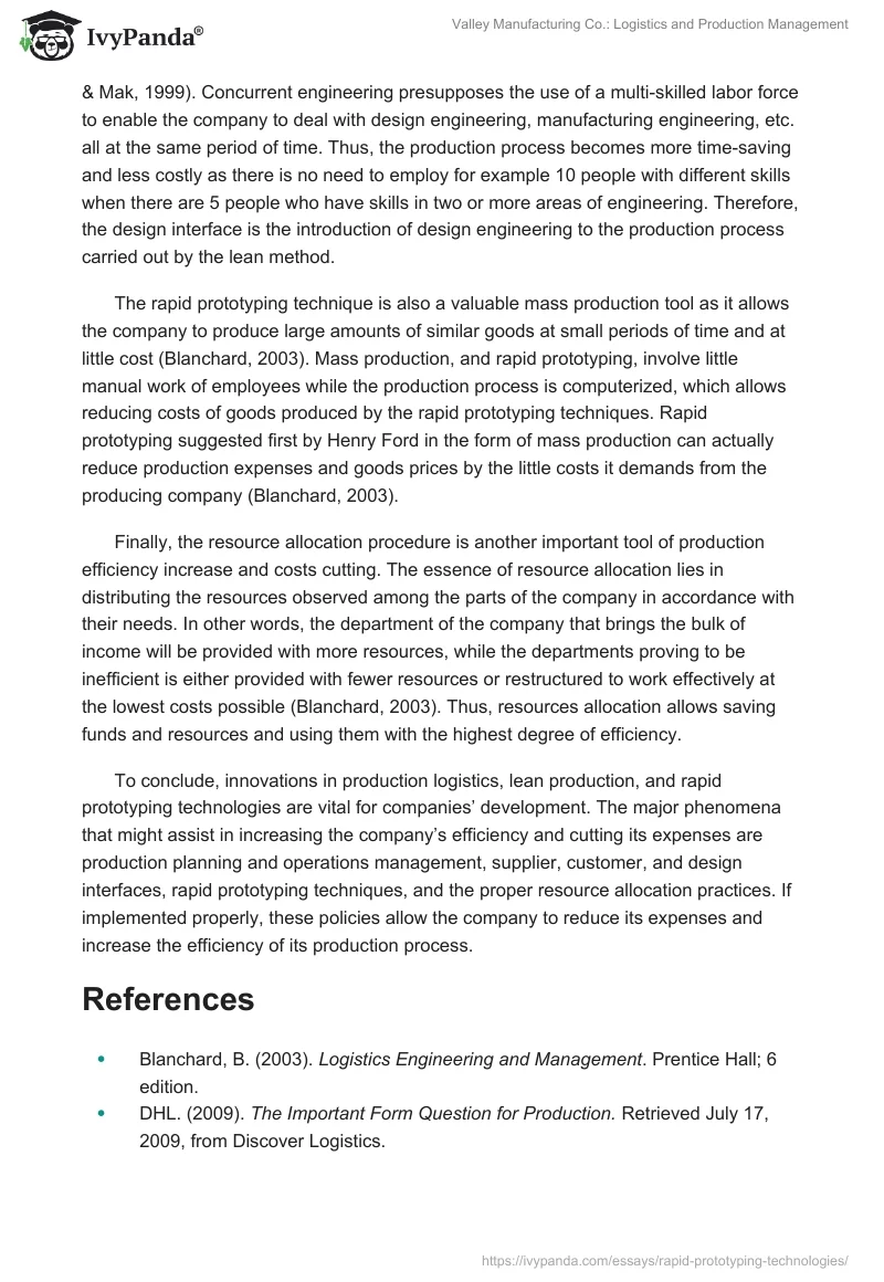 Valley Manufacturing Co.: Logistics and Production Management. Page 3