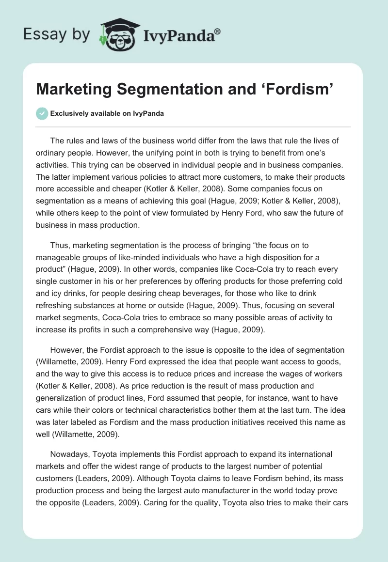Marketing Segmentation and ‘Fordism’. Page 1