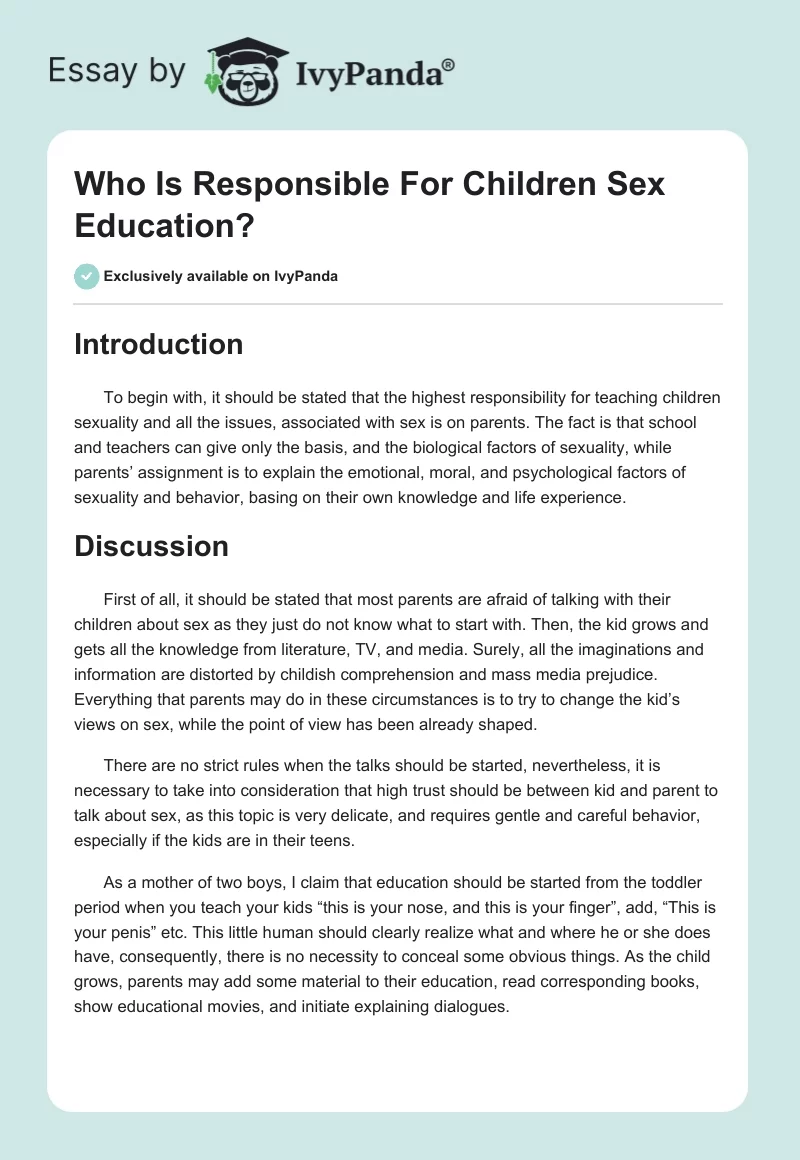 Who Is Responsible For Children Sex Education?. Page 1