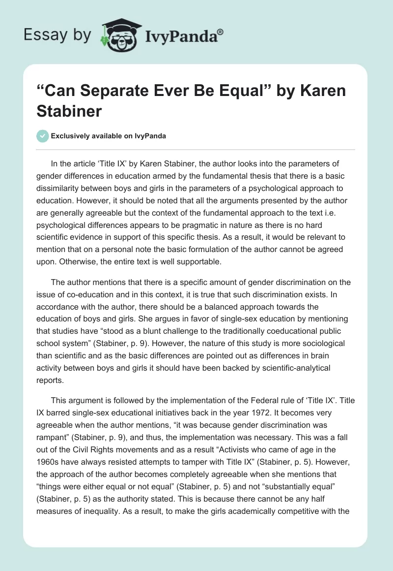 “Can Separate Ever Be Equal” by Karen Stabiner. Page 1