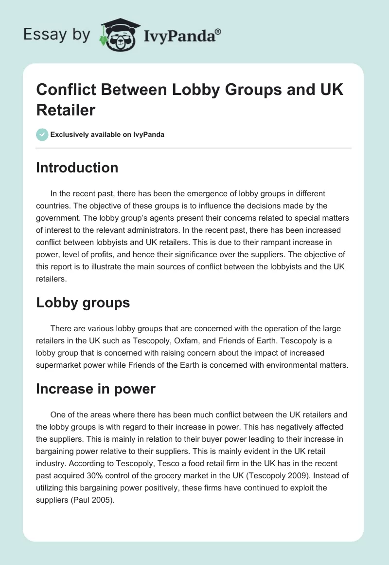 Conflict Between Lobby Groups and UK Retailer. Page 1
