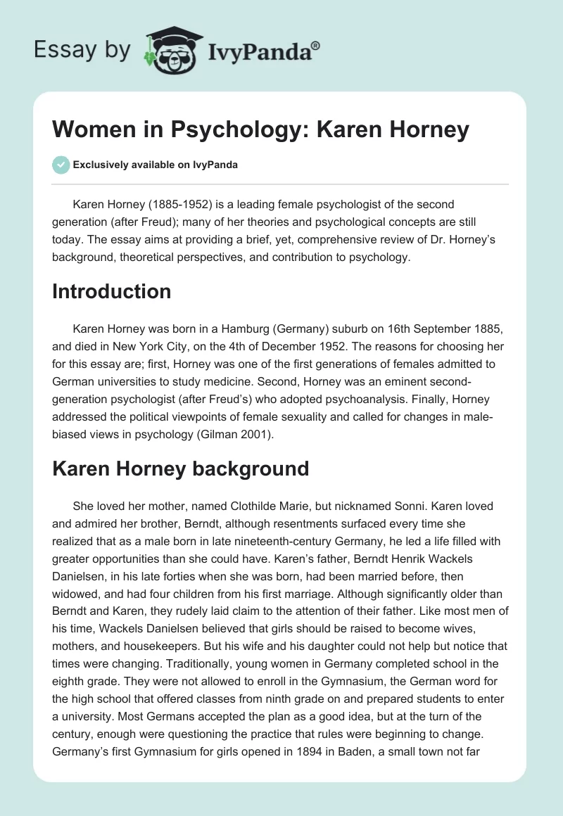 Women in Psychology: Karen Horney. Page 1