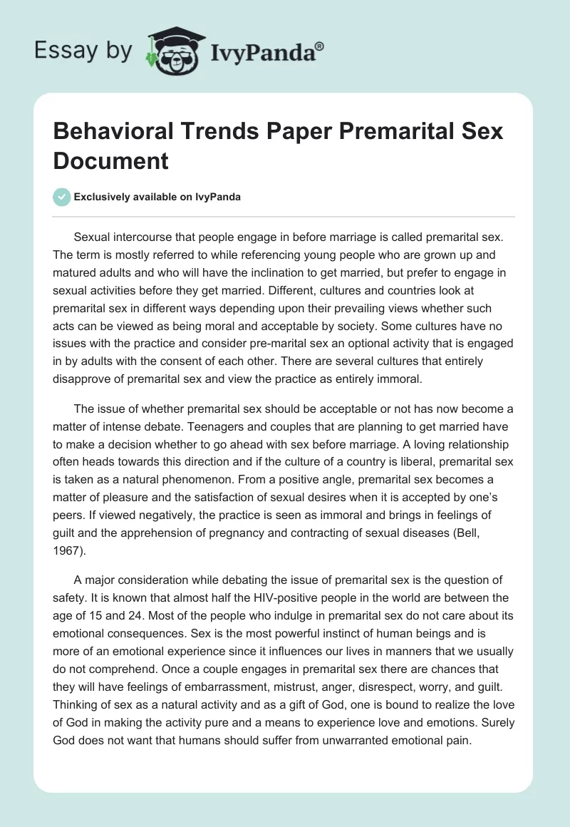 Behavioral Trends Paper Premarital Sex Document. Page 1
