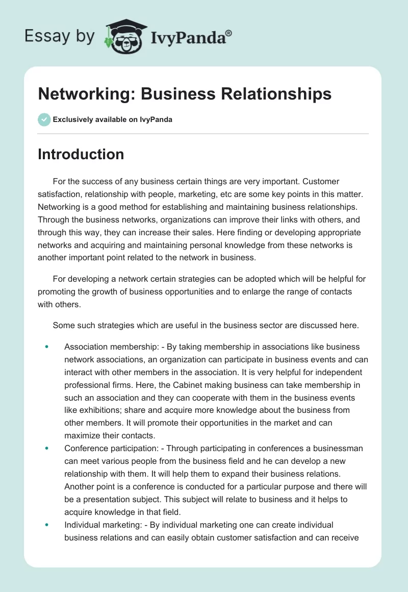 Networking: Business Relationships. Page 1
