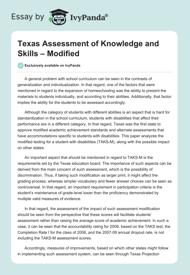 Texas Assessment of Knowledge and Skills – Modified. Page 1