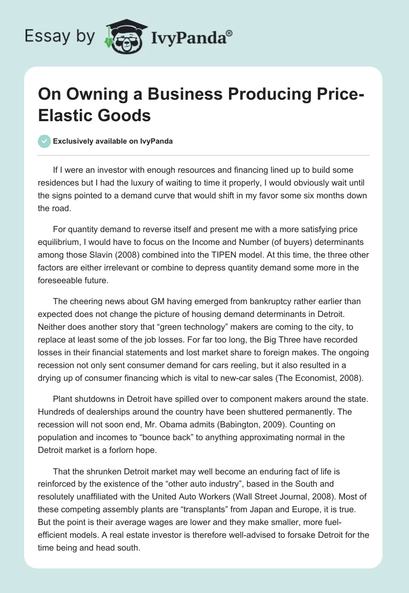 On Owning a Business Producing Price-Elastic Goods. Page 1