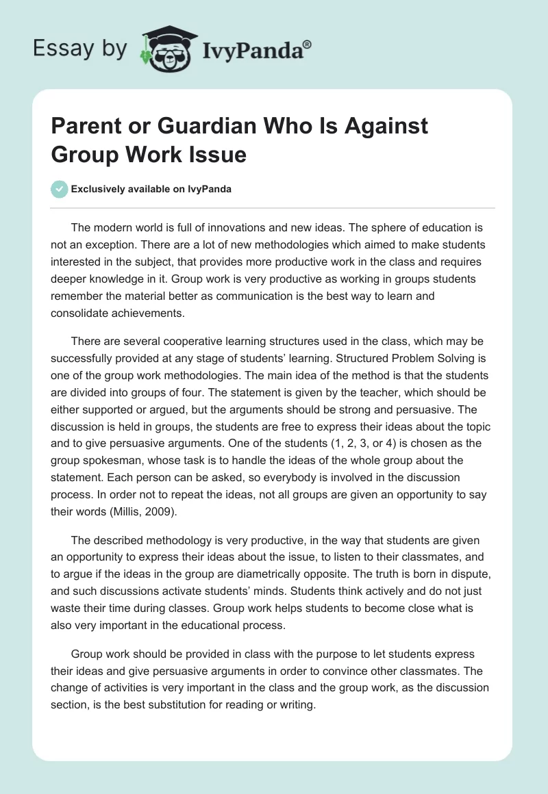 Parent or Guardian Who Is Against Group Work Issue. Page 1