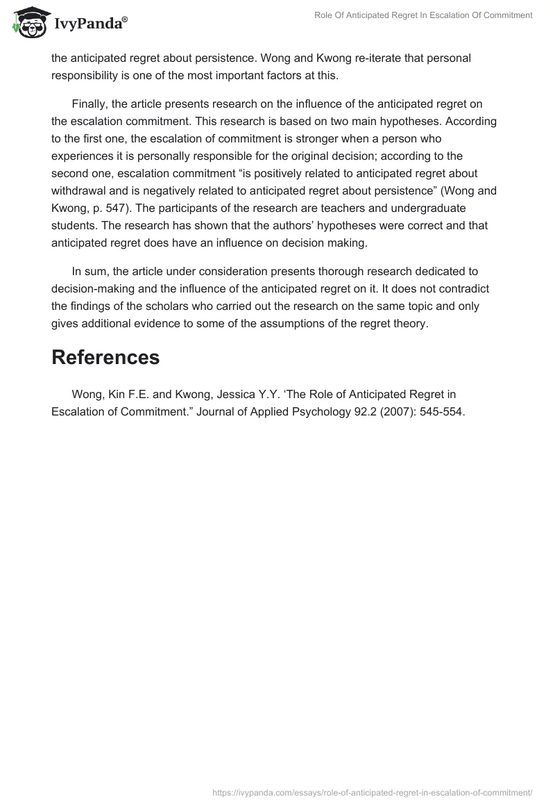 Role Of Anticipated Regret In Escalation Of Commitment. Page 2