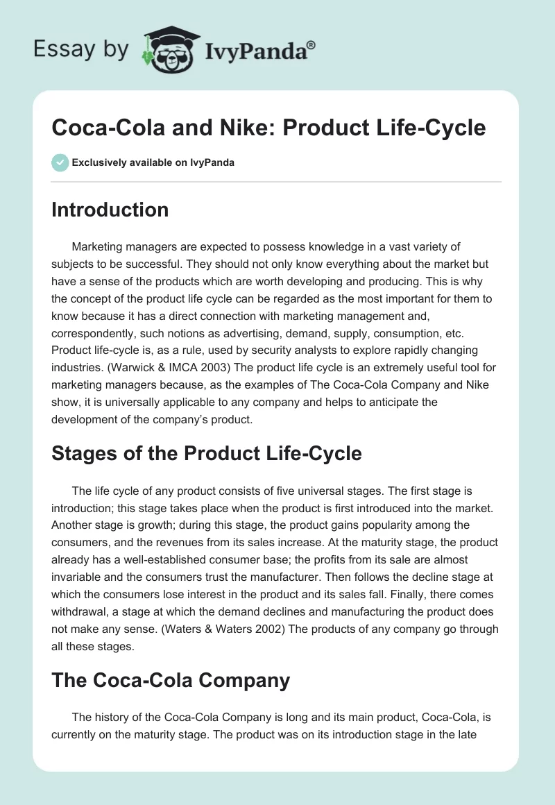 Coca-Cola and Nike: Product Life-Cycle. Page 1
