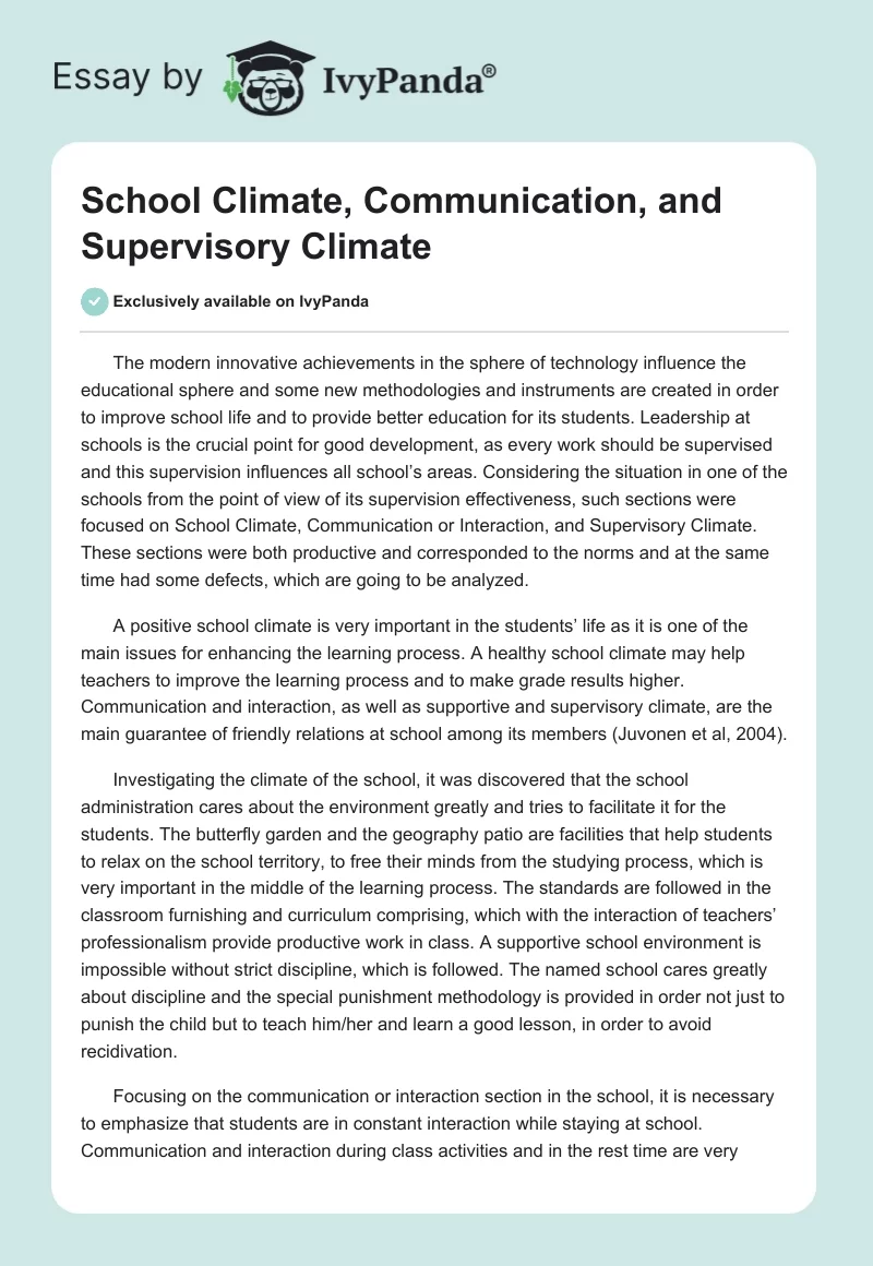 School Climate, Communication, and Supervisory Climate. Page 1