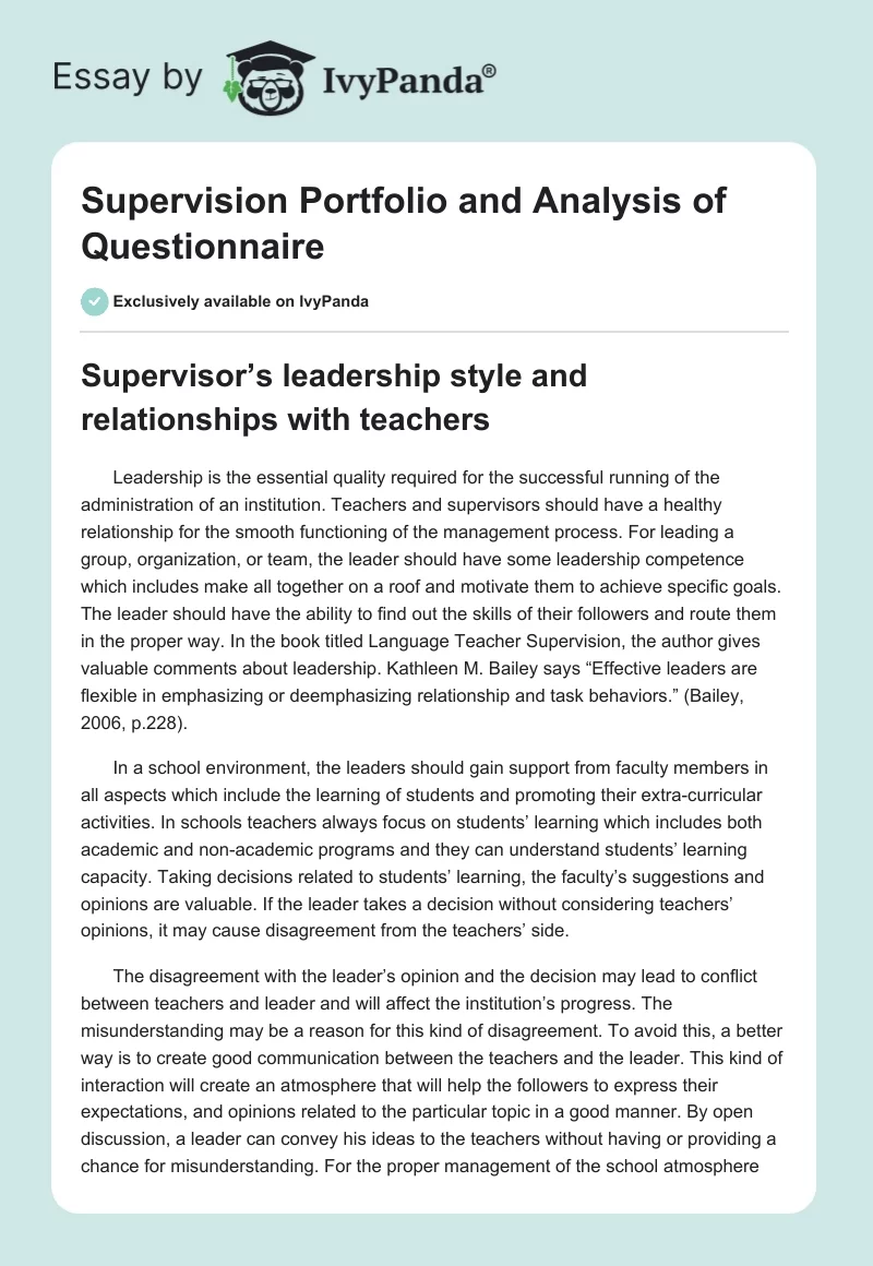 Supervision Portfolio and Analysis of Questionnaire. Page 1