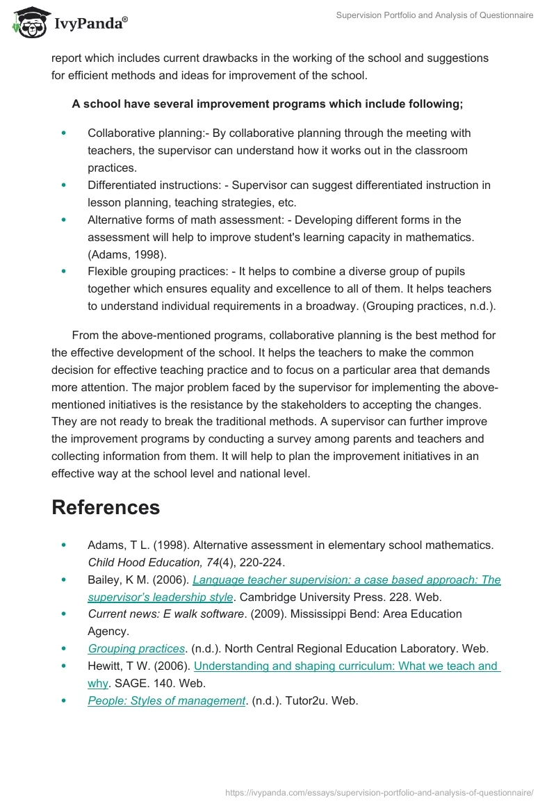 Supervision Portfolio and Analysis of Questionnaire. Page 4