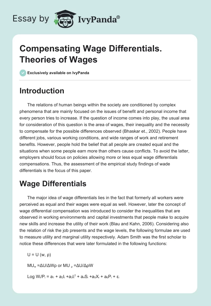 Compensating Wage Differentials. Theories of Wages. Page 1