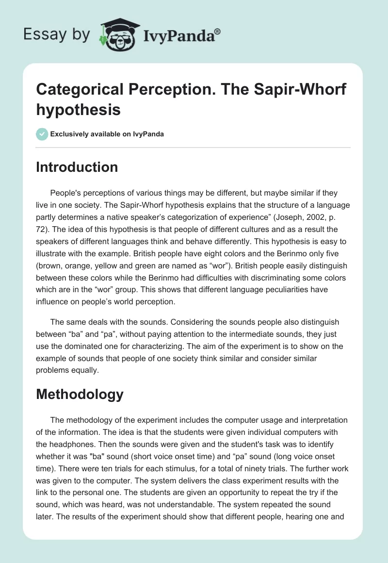 Categorical Perception. The Sapir-Whorf hypothesis. Page 1